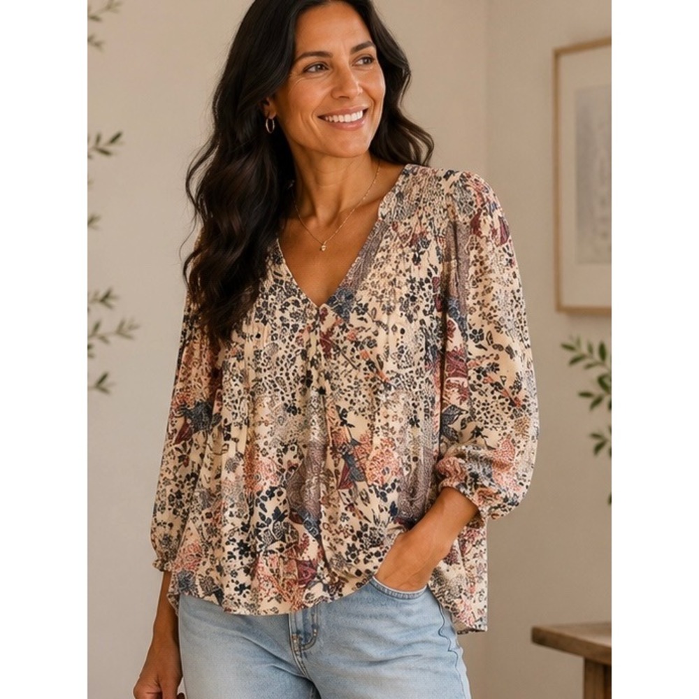 Knox Rose Womens Surplice Top Multi Color Floral Patchwork Small Boho Smocked